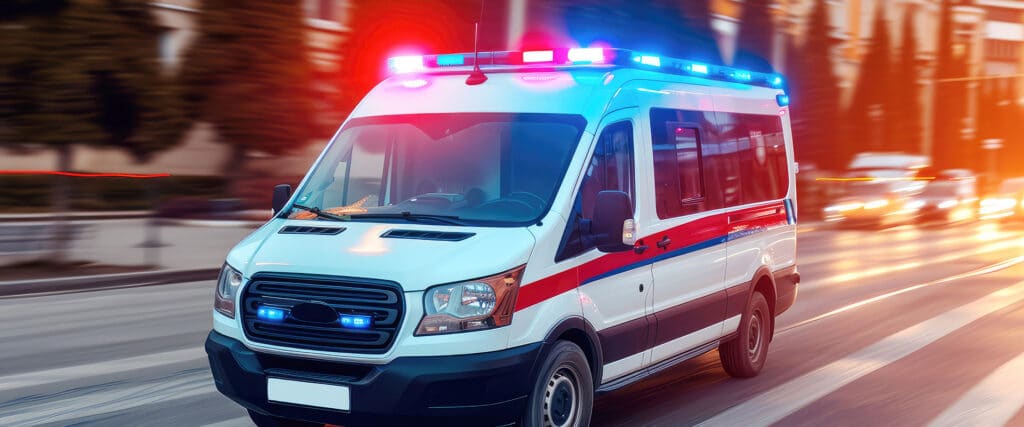 Ambulance d'urgence blanche filant dans la rue avec ses lumières rouges et bleues clignotantes. Mouvement rapide.
